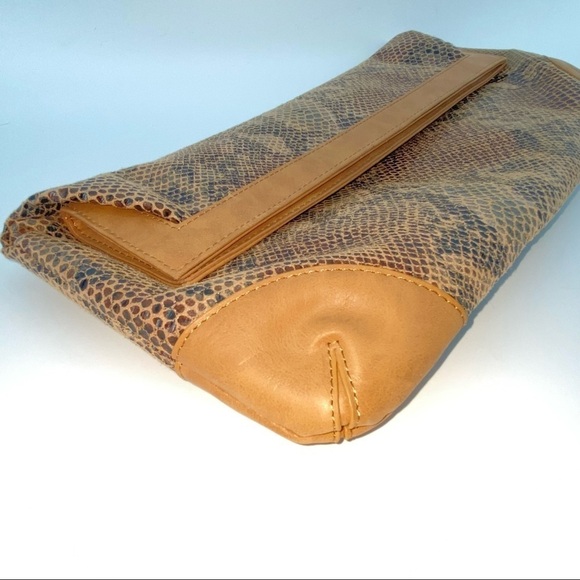 Leather Clutch Snake Skin Pattern Fold Over Large Brown/Tan - Picture 2 of 12